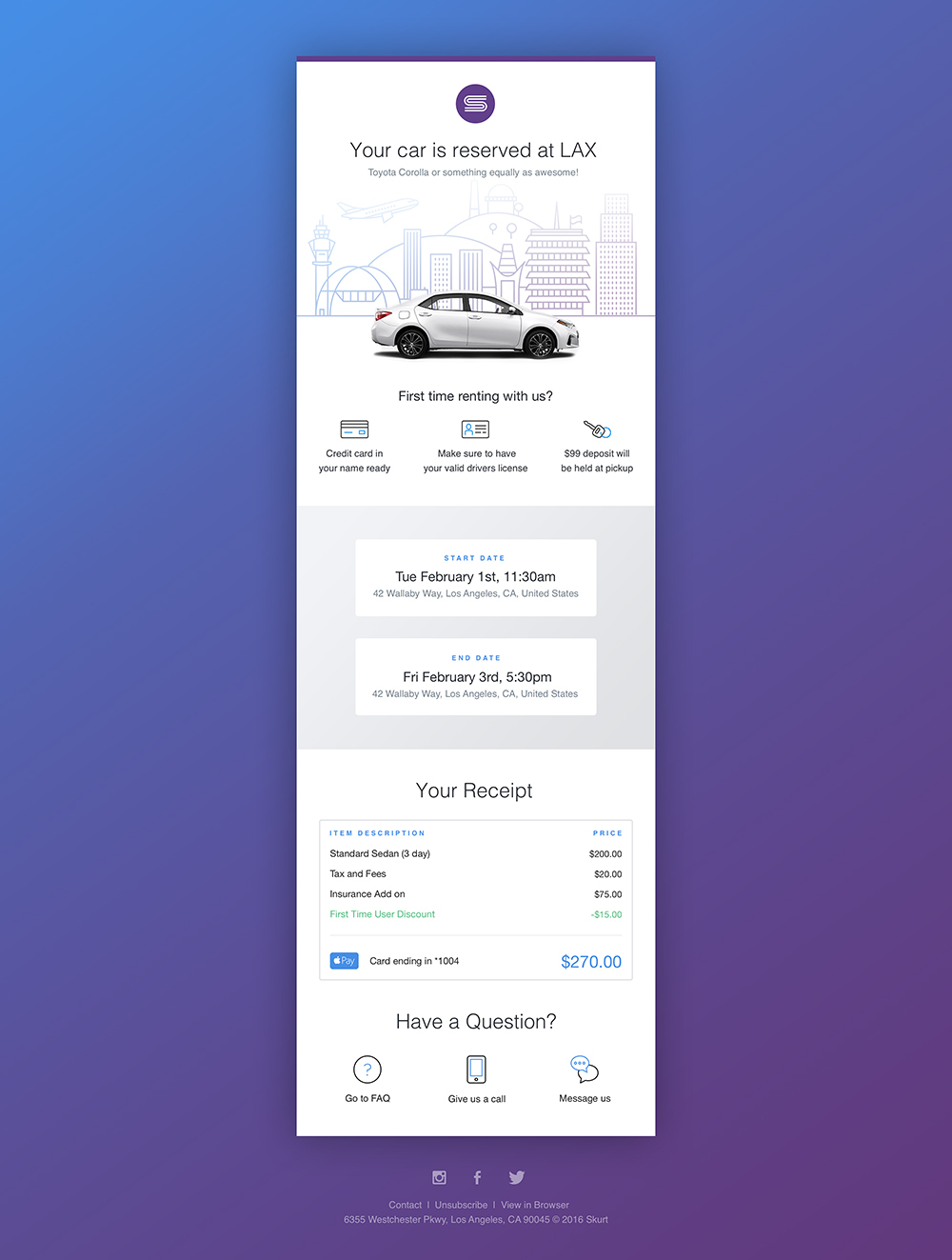 Car rental confirmation email