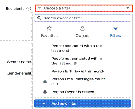 Filtros de segmentación de contactos en Campaigns de Pipedrive