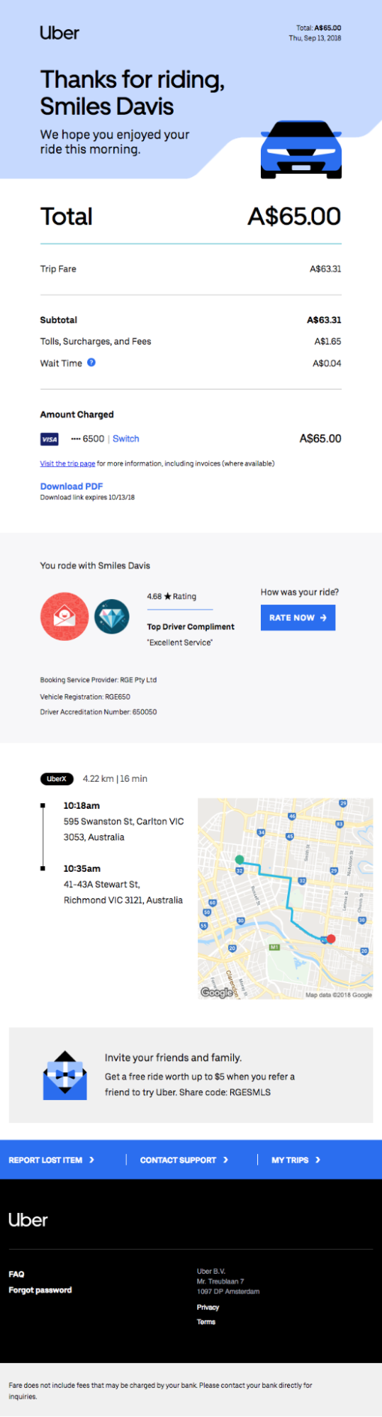 Uber travel confirmation email