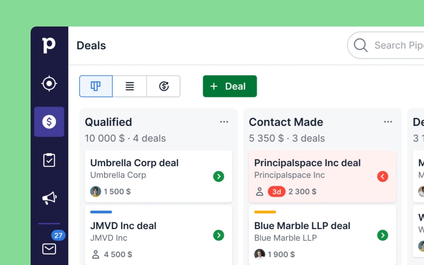 Pipedrive CRM kanban pipeline view showing deal stages, deal values, and activity reminders