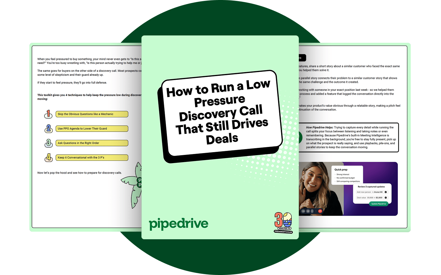 Meeting transcript panel showing captured updates ready to review in Pipedrive