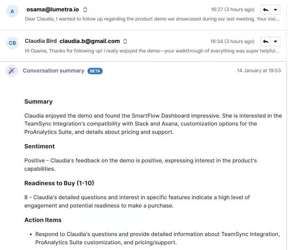 AI business assistant Pipedrive email summarizer