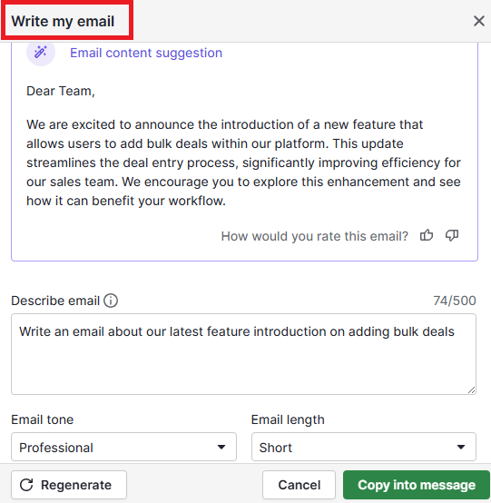 Abandon cart email Pipedrive email writer