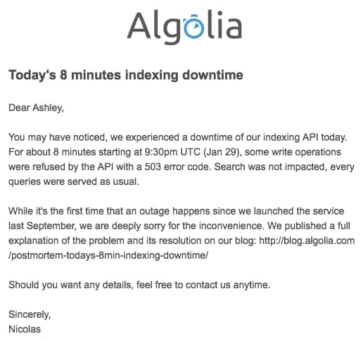 Apology email to customers Pipedrive service outage