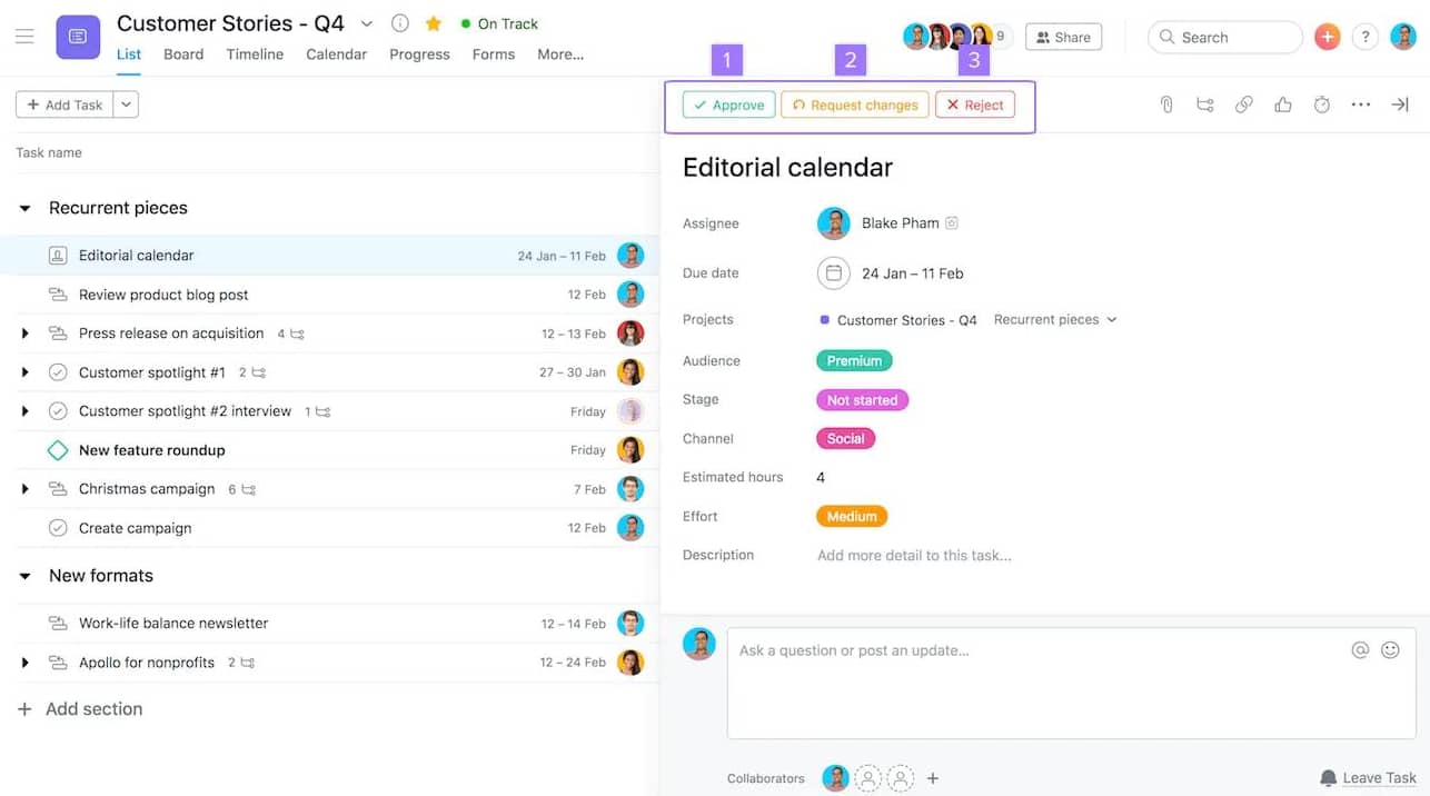 Approval management software Asana example