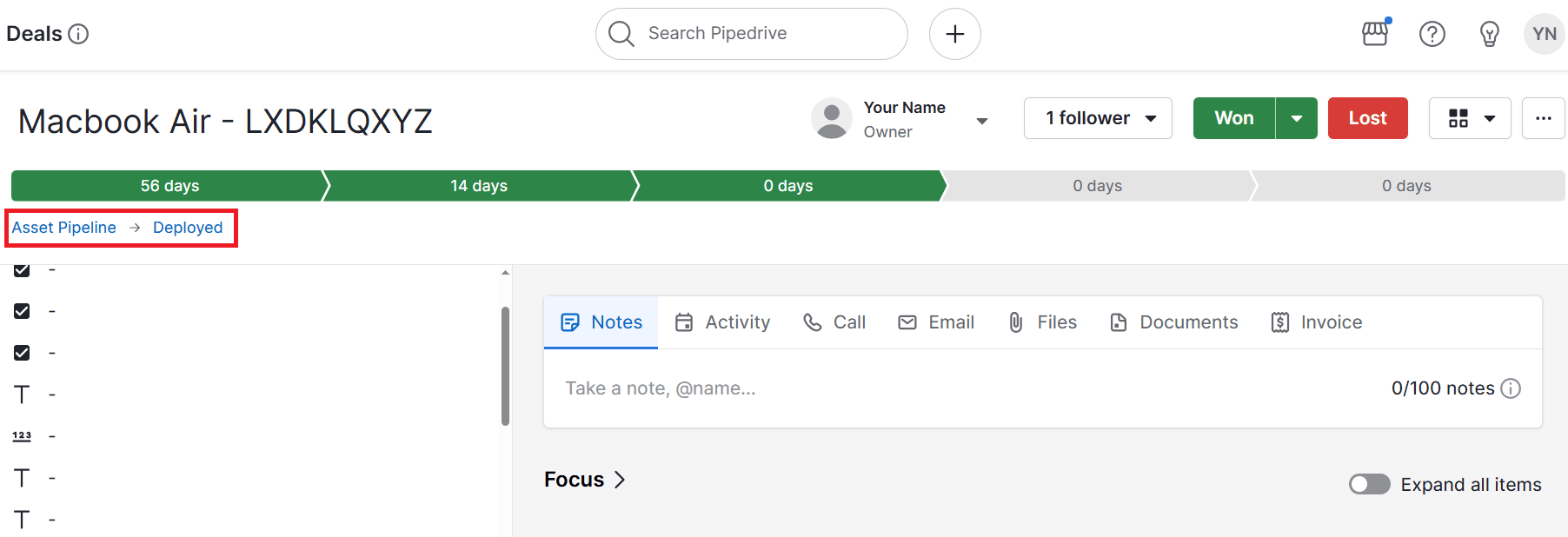 Asset inventory management Pipedrive deal view