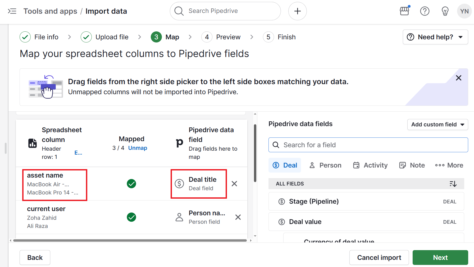 Asset inventory management software Pipedrive importing data