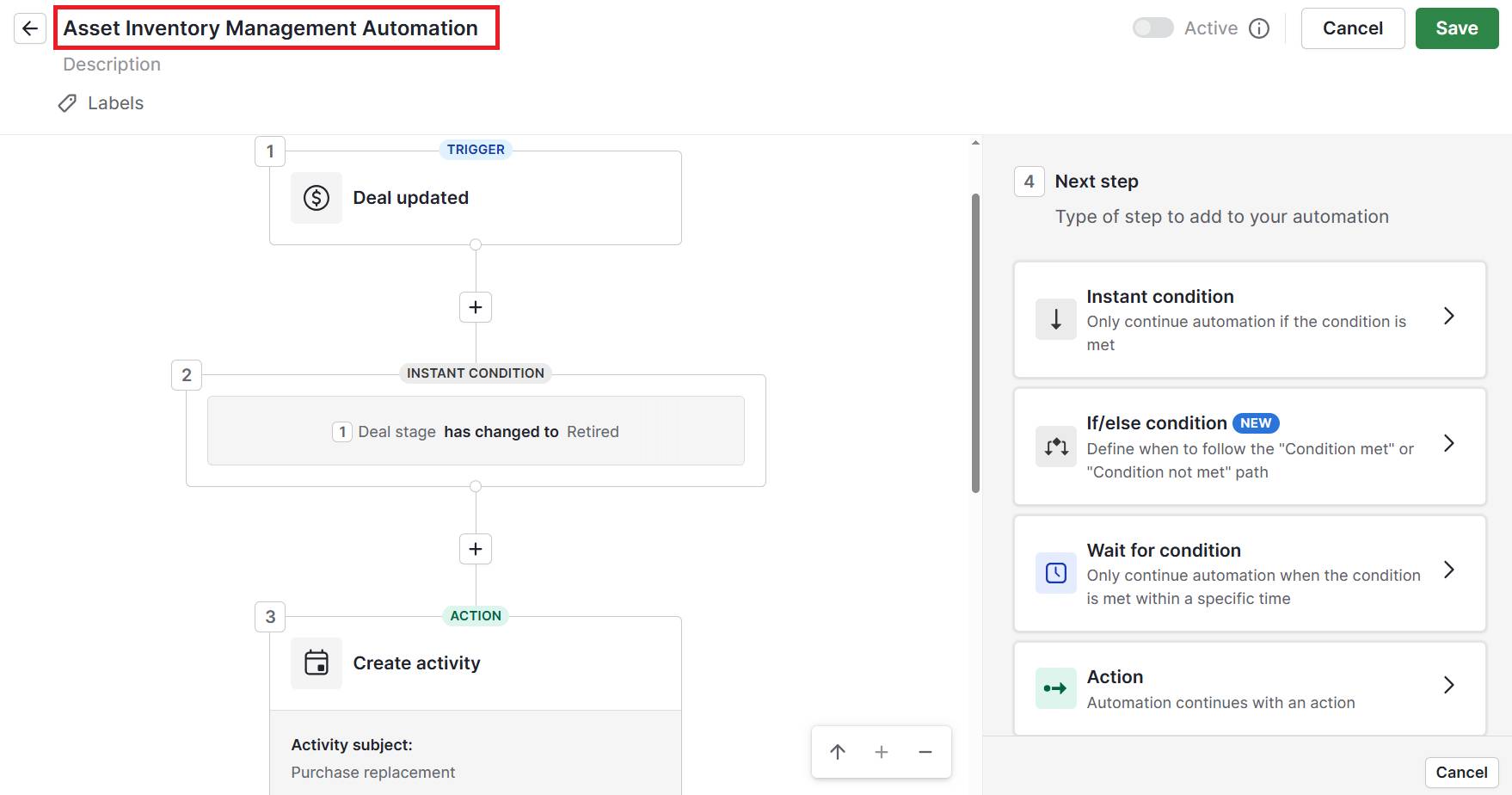 Asset inventory management software Pipedrive workflow automation
