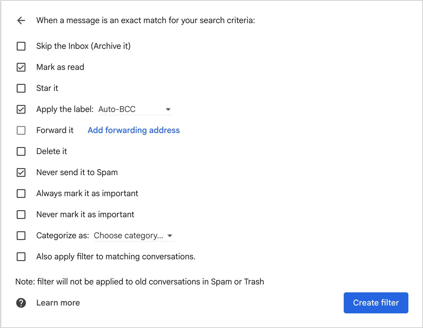 Automatic BCC in Gmail filter settings