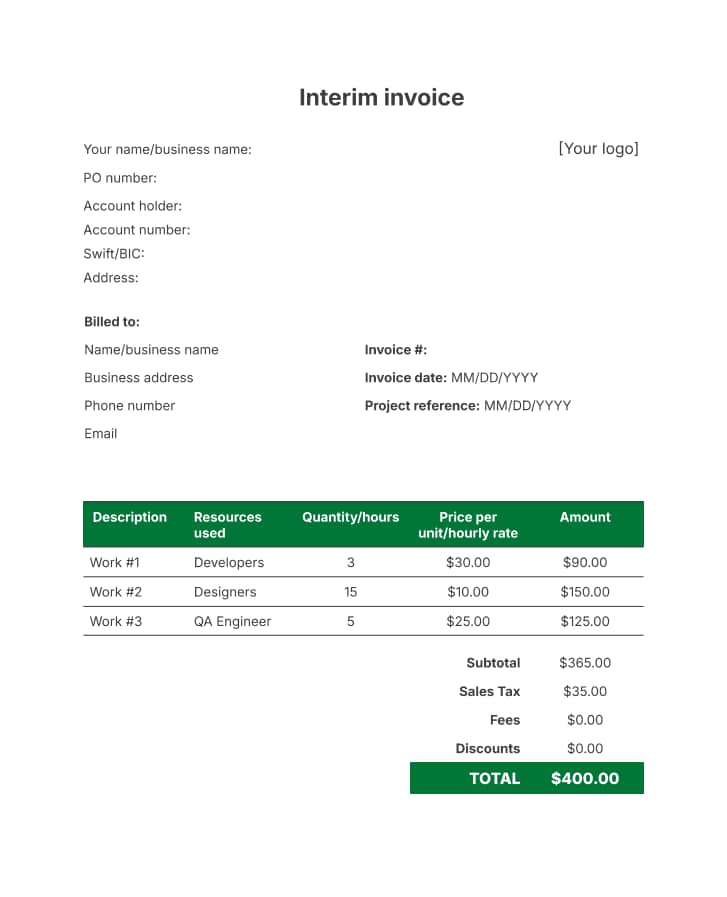 Basic invoice template Pipedrive interim invoice