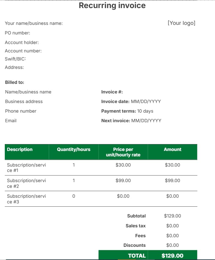 Basic invoice template Pipedrive recurring invoice