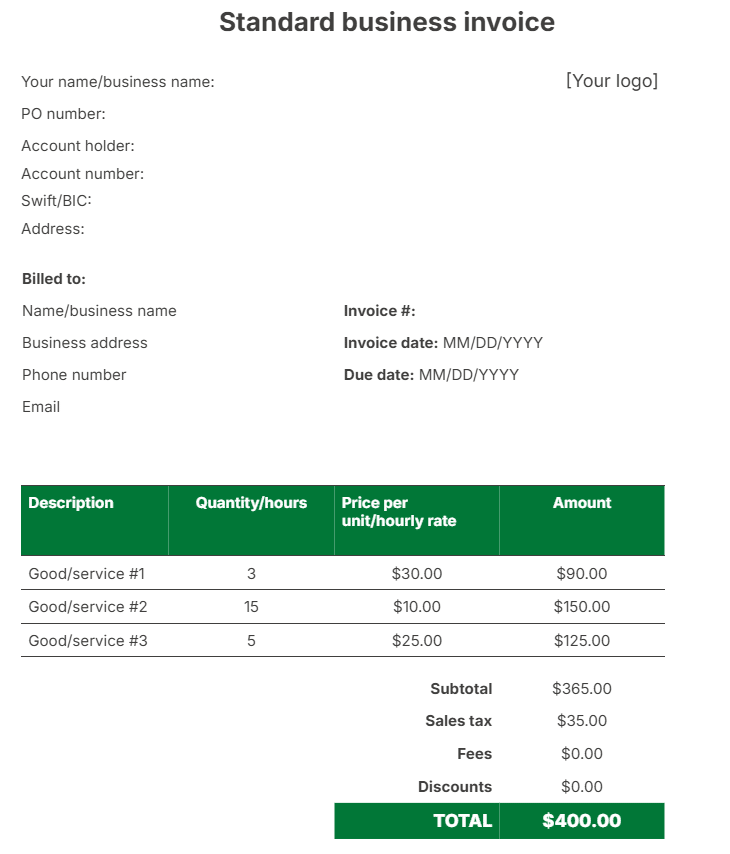 Basic invoice template Pipedrive standard invoice