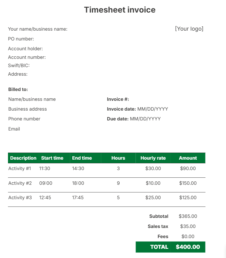 Basic invoice template Pipedrive timesheet invoice