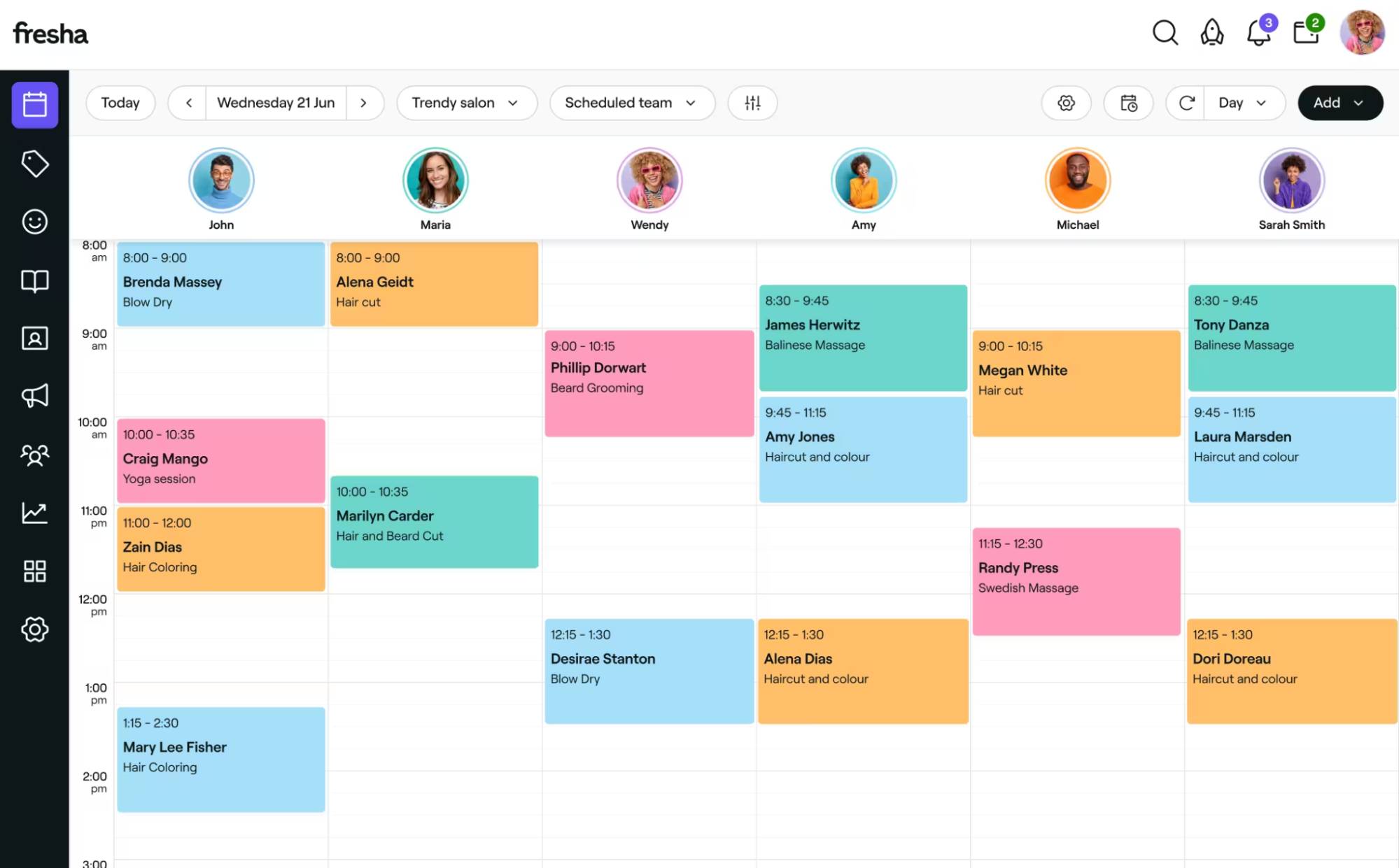 Beauty salon software Fresha calendar