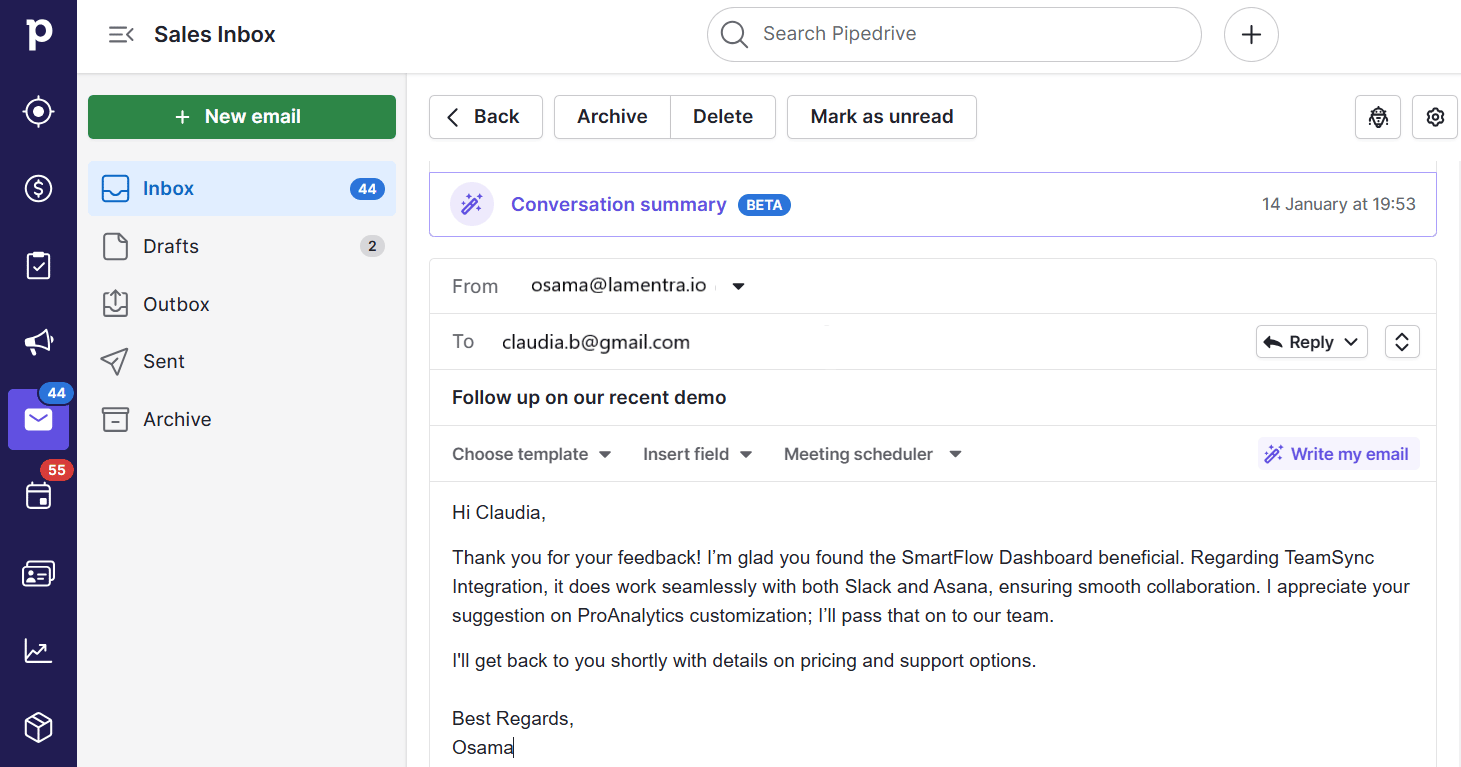 Best sales engagement platform Pipedrive email conversation