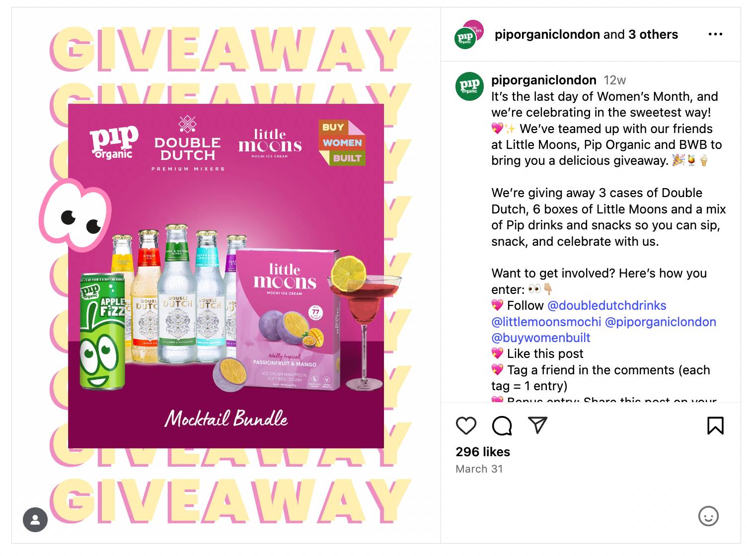 Brand collaboration Pip Organic Instagram post