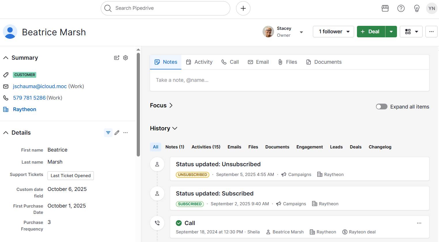 Business broker CRM Pipedrive contact view