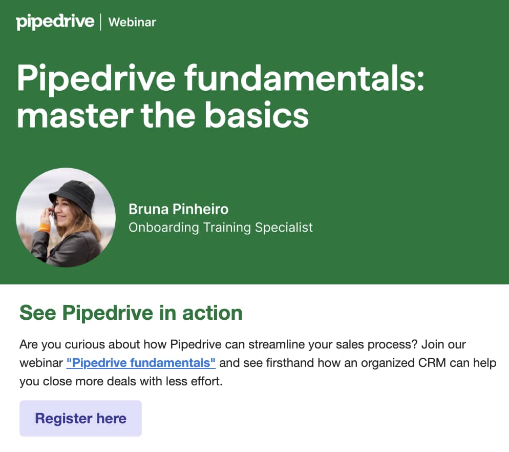 Business email announcement Pipedrive webinar