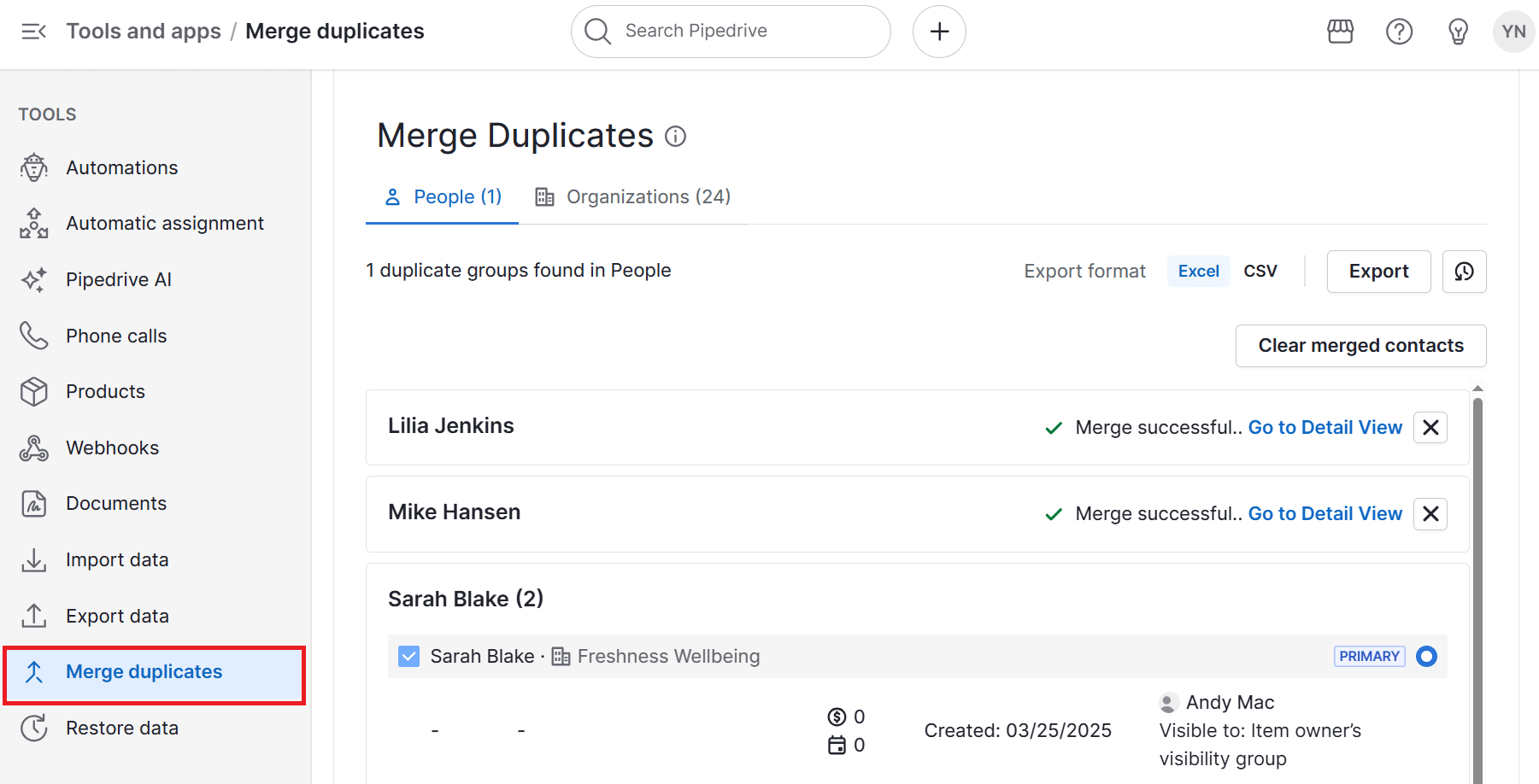 CRM ERP integration Pipedrive Merge Duplicates Feature