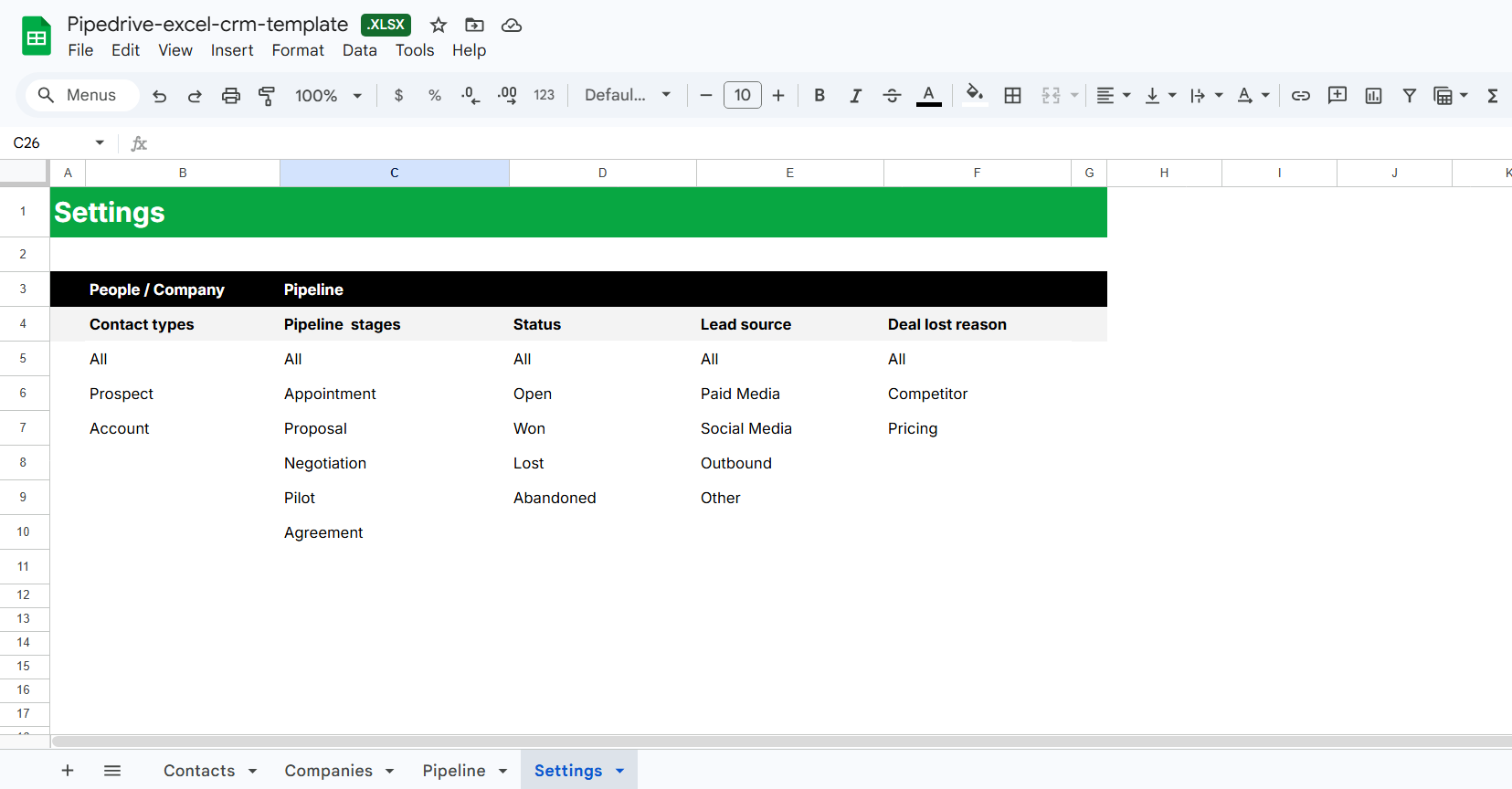 CRM Excel Settings