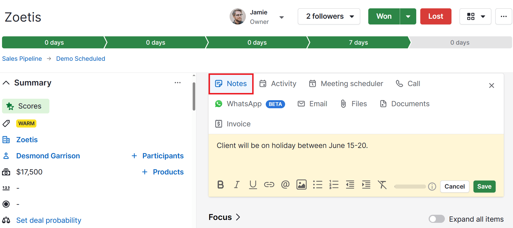 CRM Experience Pipedrive notes