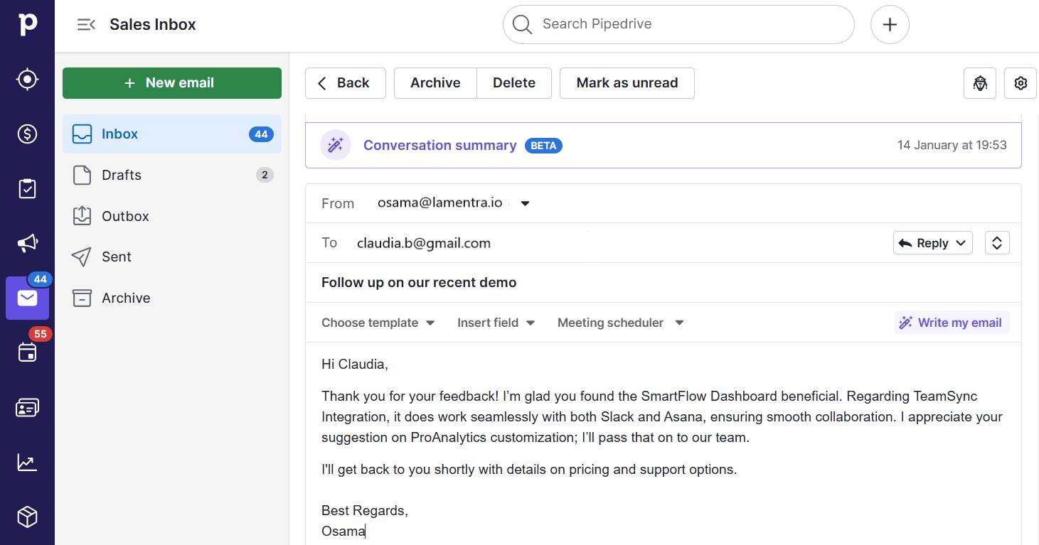 CRM and email marketing Pipedrive follow-up email