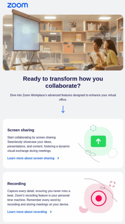 CRM and email marketing Zoom product education email