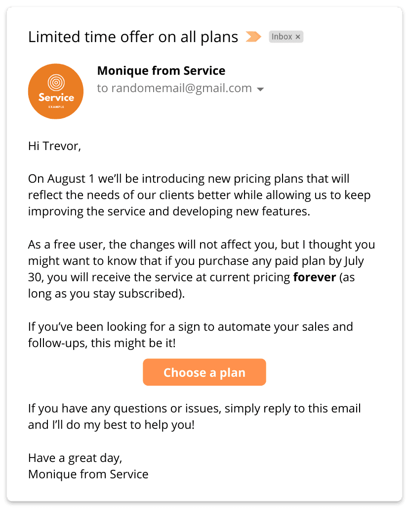 CRM and email marketing pricing email example