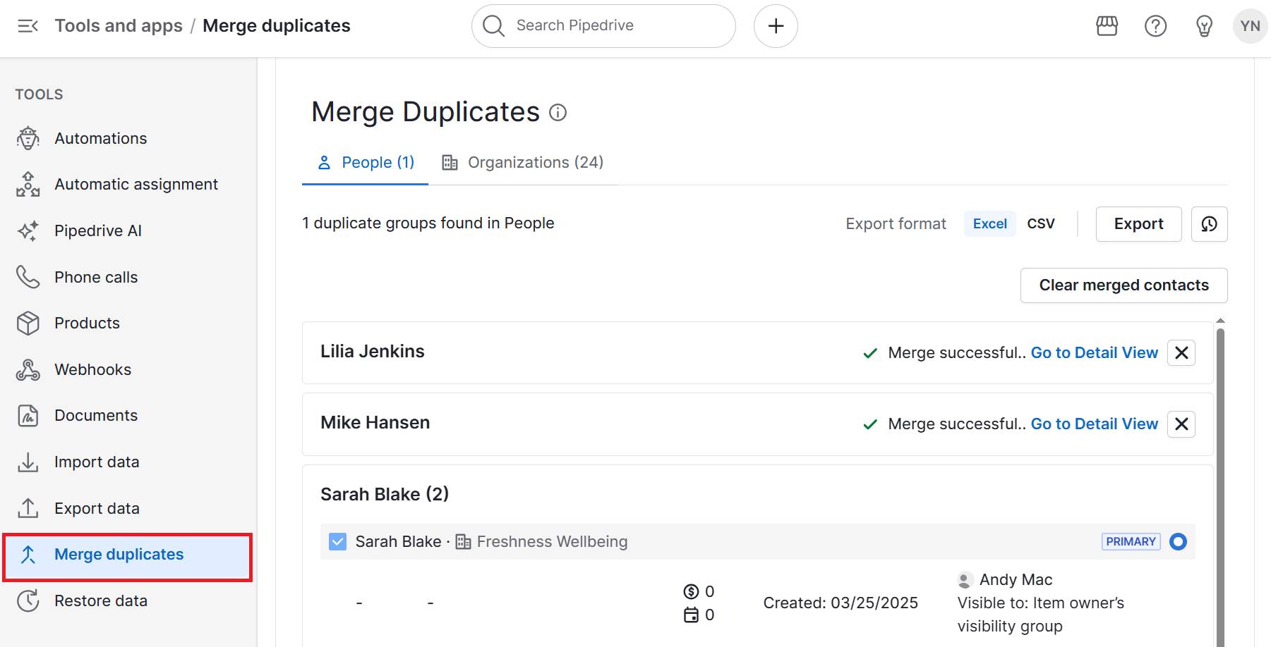 CRM automation Pipedrive merge contacts feature