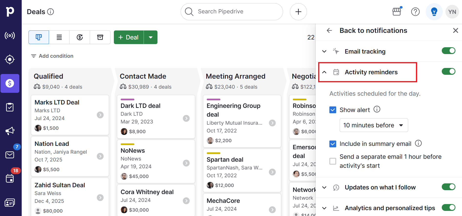 CRM benefits Pipedrive alerts and activity reminders