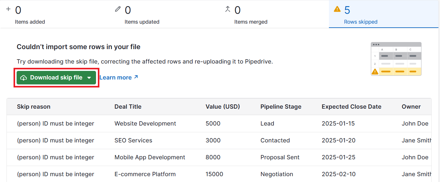 CRM data migration Pipedrive skip file