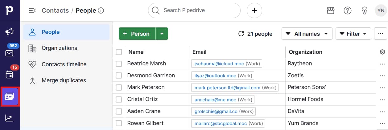CRM database Pipedrive contacts list view