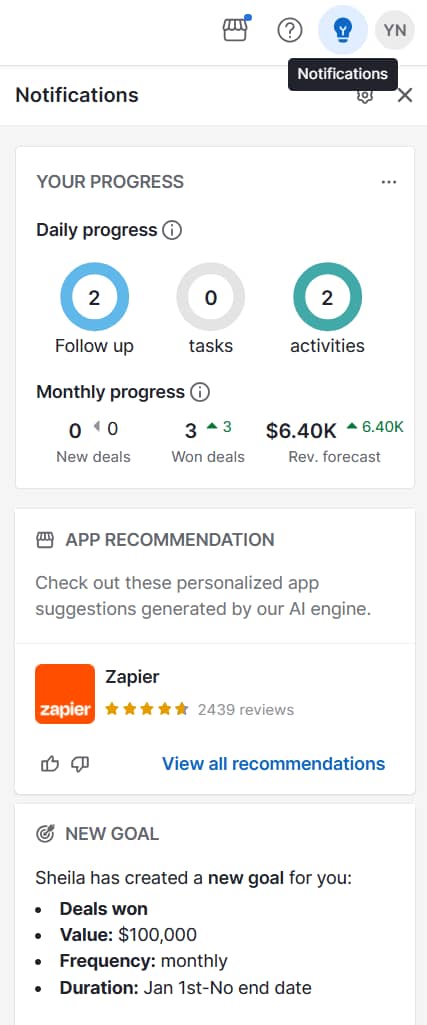 CRM examples Pipedrive AI Notifications