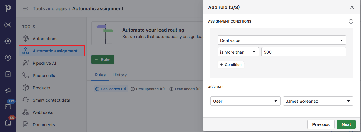 CRM examples Pipedrive automatic assignment