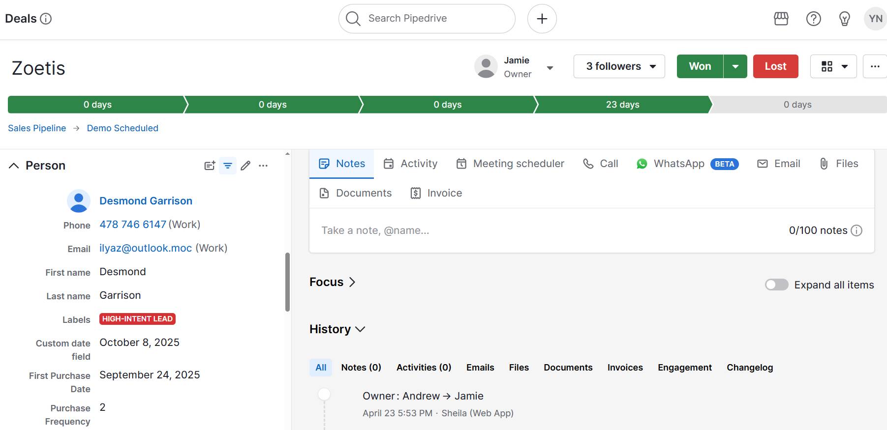 CRM examples Pipedrive contact detail view