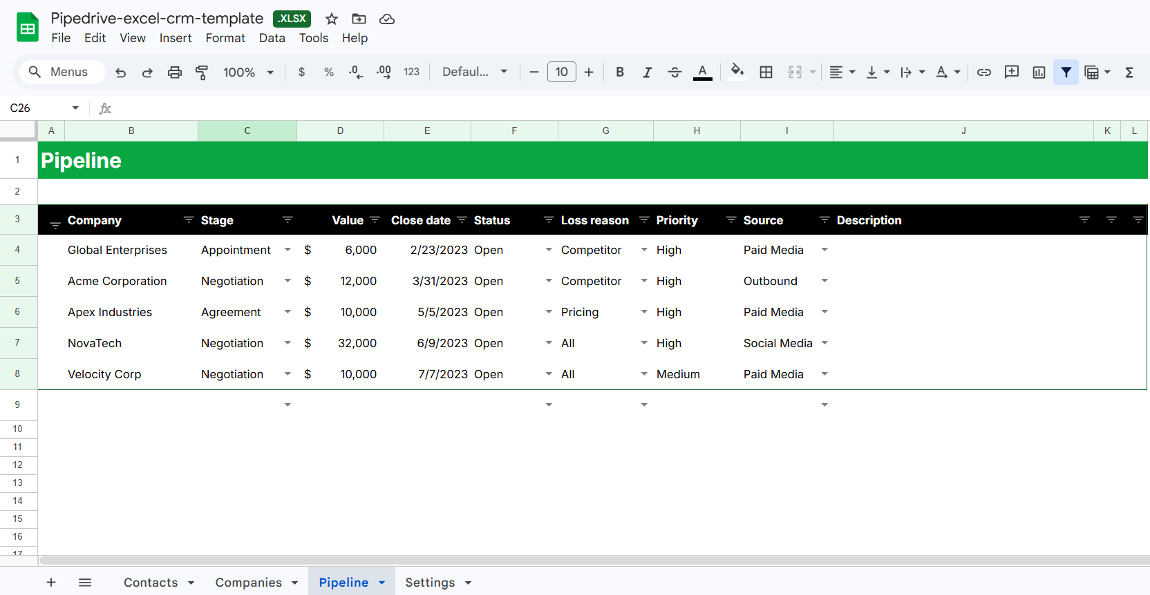CRM excel spreadsheet Pipeline