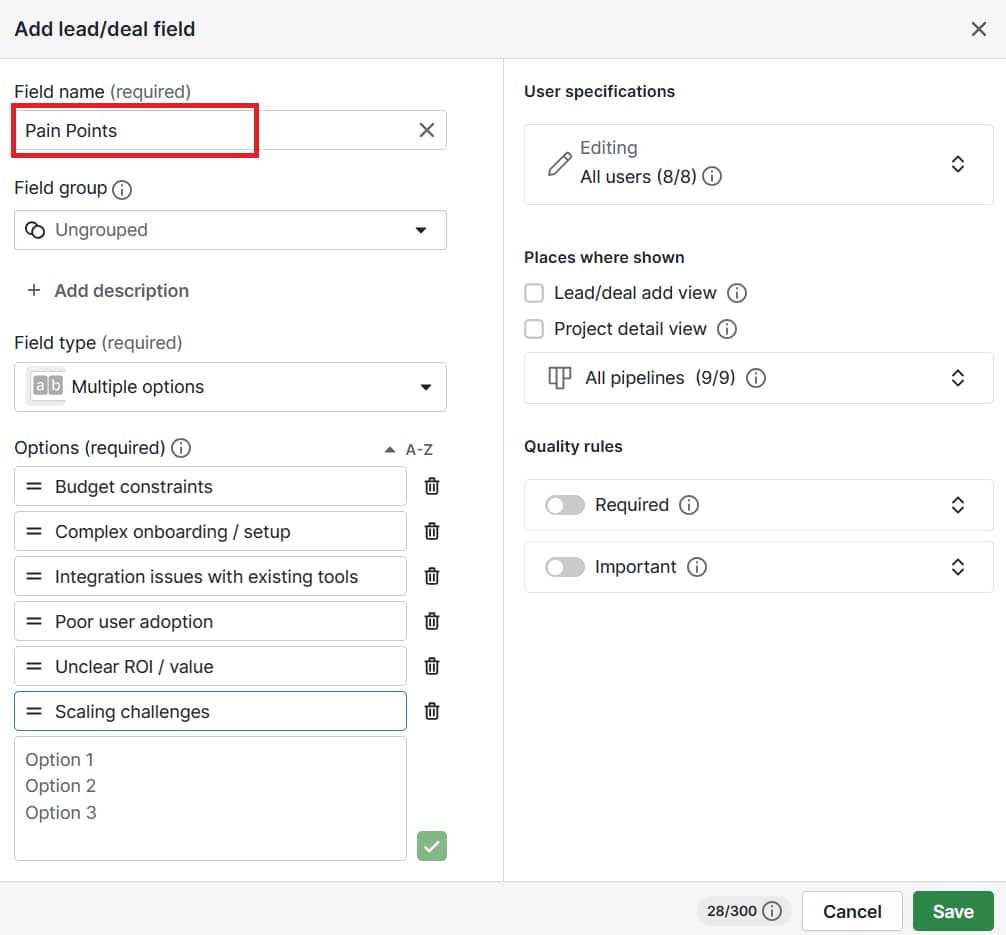 CRM experience Pipedrive custom fields
