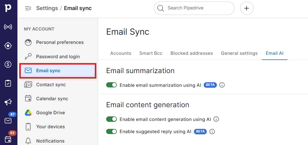 CRM for Gmail Pipedrive email sync