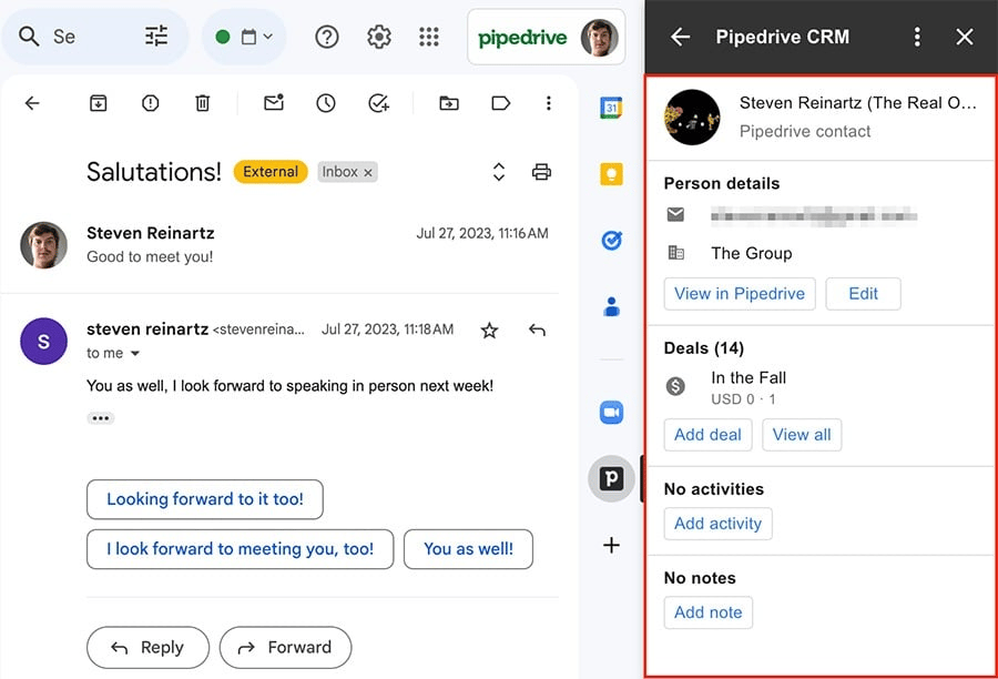 CRM for Gmail Pipedrive's sidebar