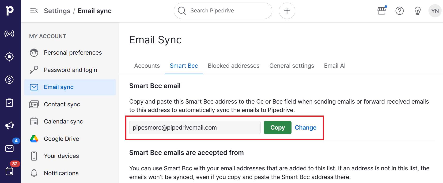 CRM for Gmail smart Bcc Pipedrive