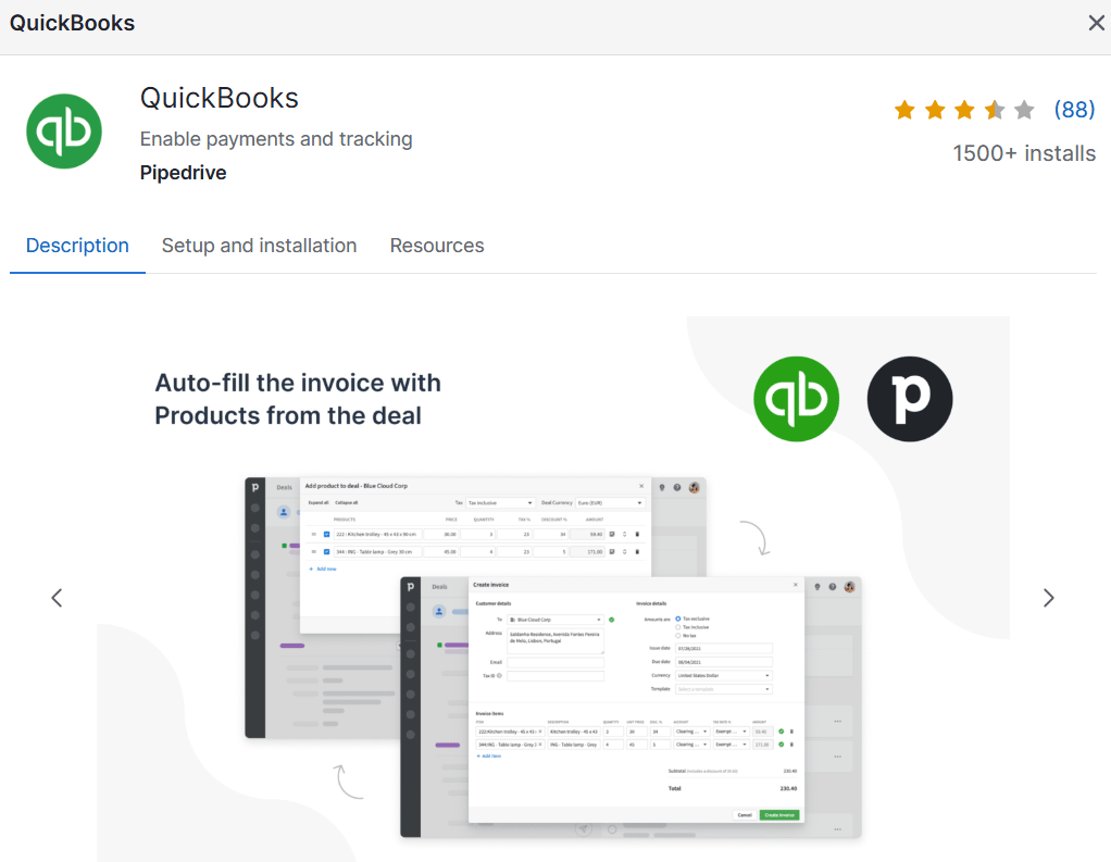 CRM for Sports Club Pipedrive Quickbooks integration