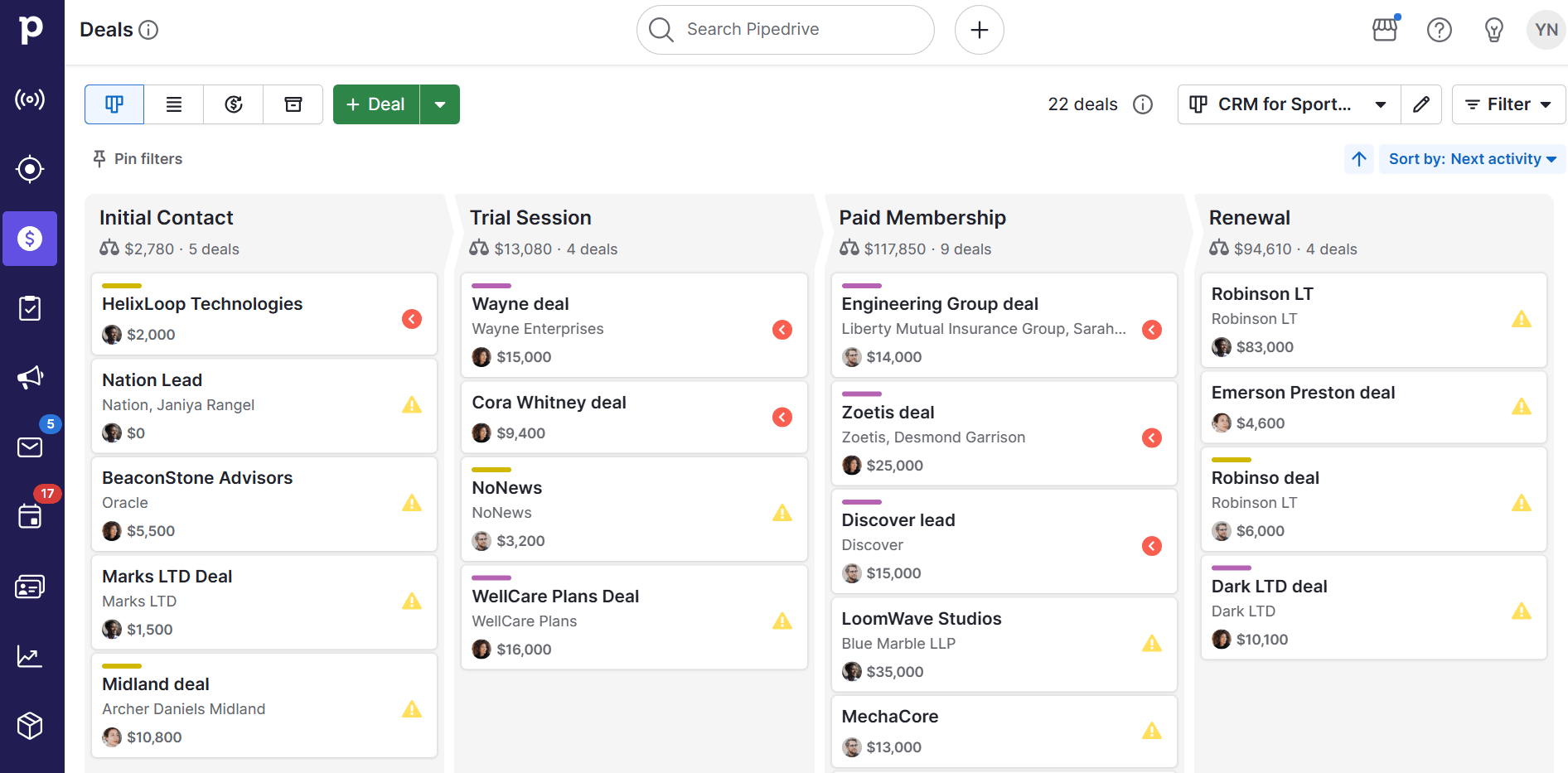 CRM for Sports Club Pipedrive custom deal stages