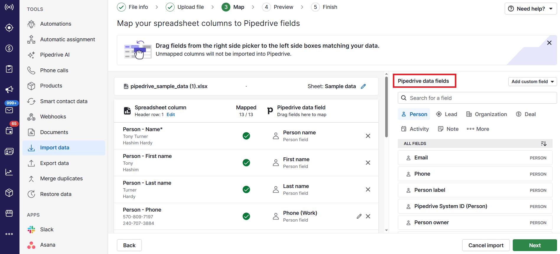 CRM for startups Pipedrive import contacts and deals