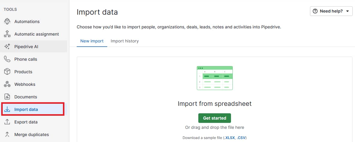 CRM for startups Pipedrive import data