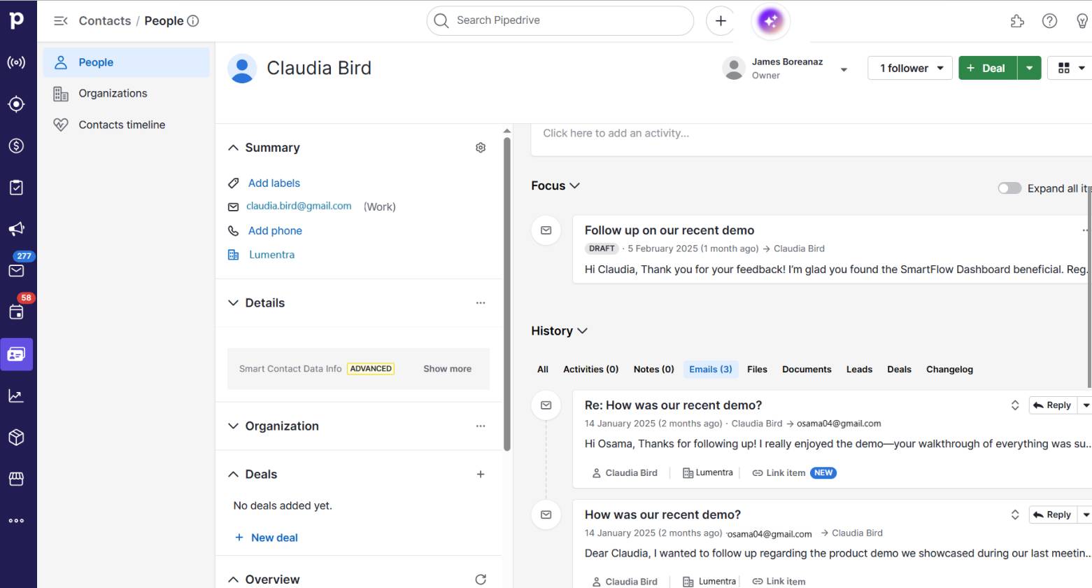 CRM in supply chain management Pipedrive communication history