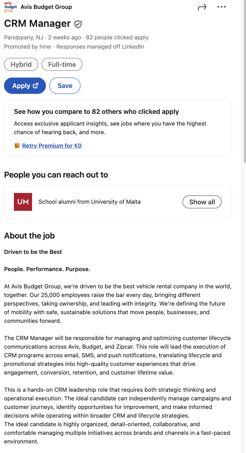 CRM manager Avis Budget Group job ad