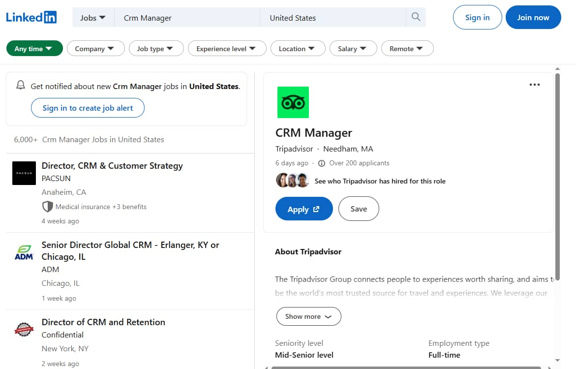 CRM manager LinkedIn Job ads