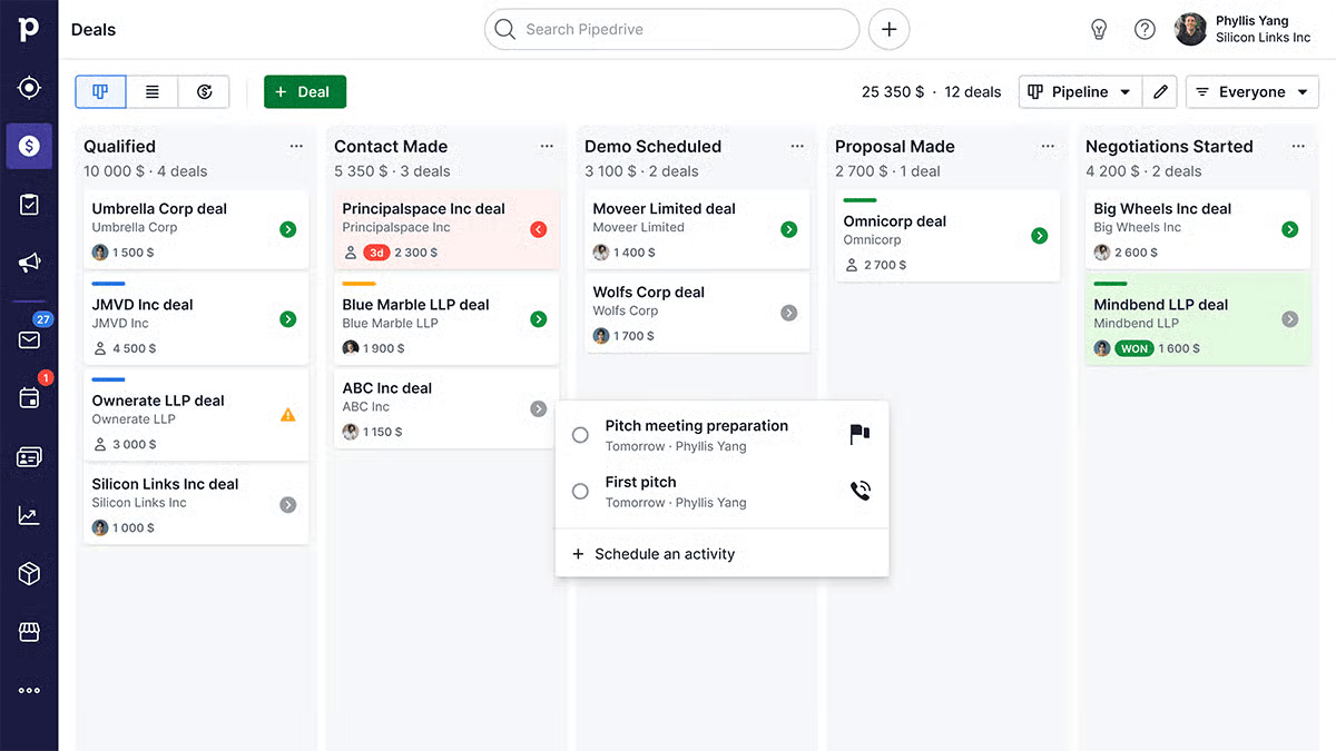 CRM manager Pipedrive Kanban.