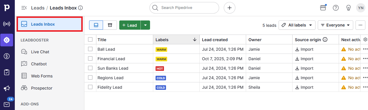 CRM social media management Pipedrive leads inbox