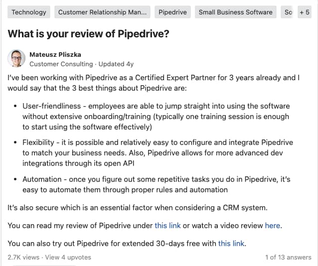 CRM software reviews Pipedrive review on Quora